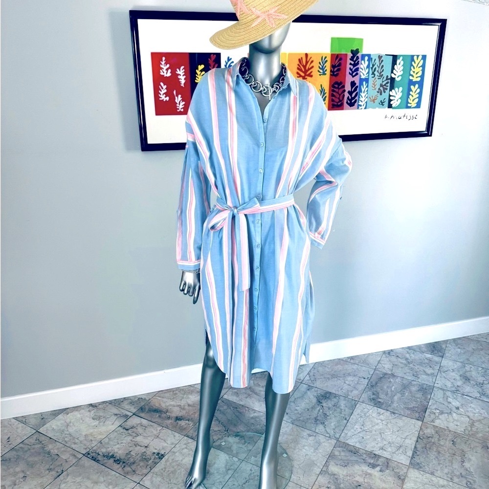 French - Striped Blue and Pink Button-Up Dress in Excellent Condition